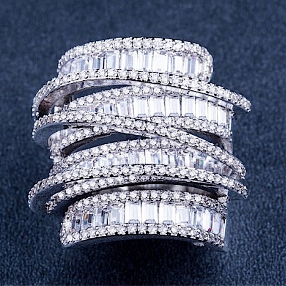 Sterling Silver Baguette Cubic Zircon Multilayer Cross Over Statement Ring - Picture 10 of 11